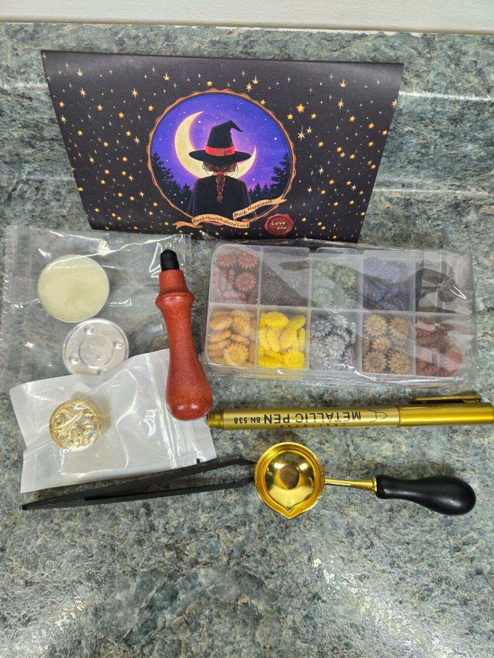 Yolakis Sealing Wax Kit Witch B Stamp Brass Seal Beads Spoon Candles Pen Card